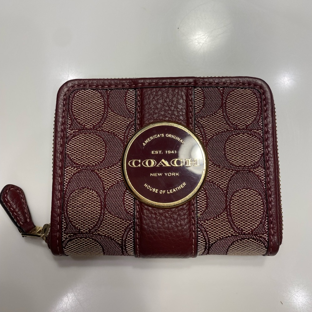 Coach Brown and Burgundy Signature Zip Wallet